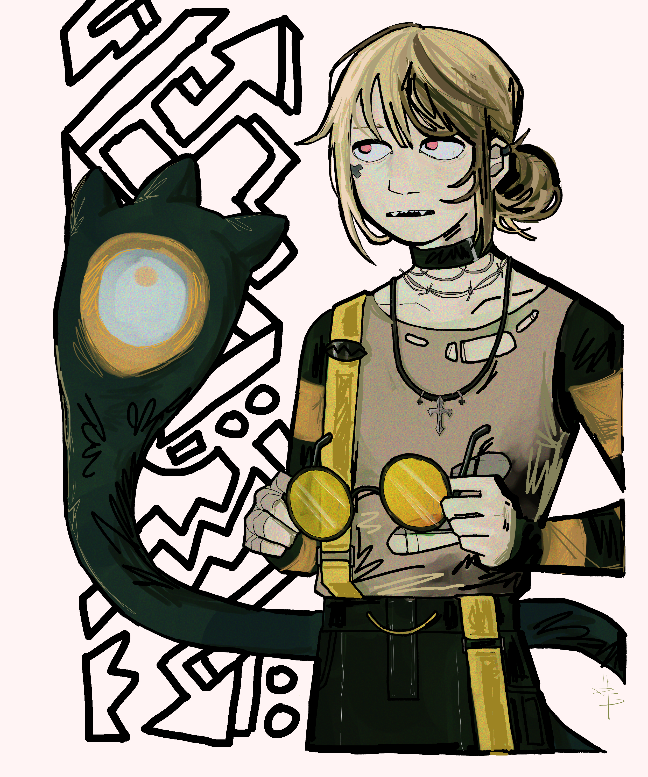 fanart of vtuber gigi from the waist up in her maneskin cover outfit. she is holding her glasses and 
	  there is a background of black and white patterns.